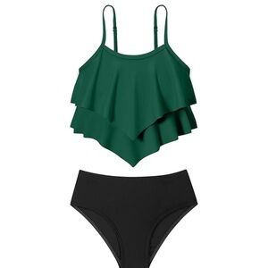 Two Piece Bikini Set Stripe Full Coverage Swimsuit Tummy Control Padded L